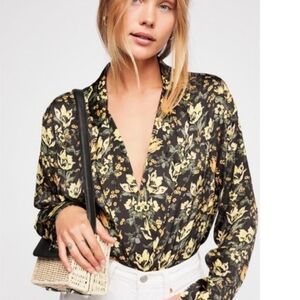 Free People‎ Elsa Bodysuit Blouse Black Floral